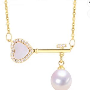 Gold Key Pendant Necklace with Pearl